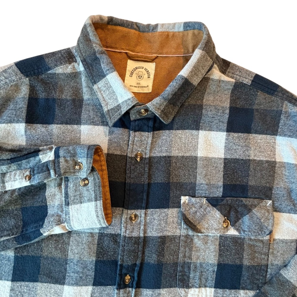 Dubinik Mens XXL Flannel Shirt Blue Grey Plaid Corduroy Trim Cotton Workwear 2XL